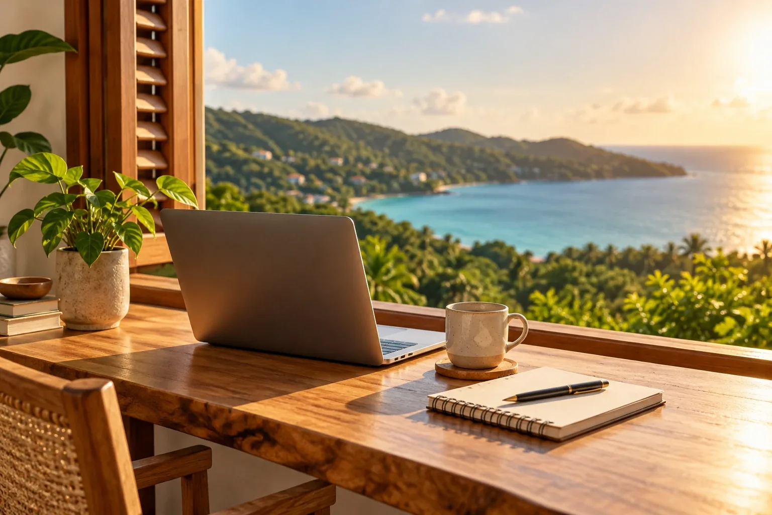A laptop, notebook and coffee on a wooden desk overlooking green hills and the Caribbean Sea