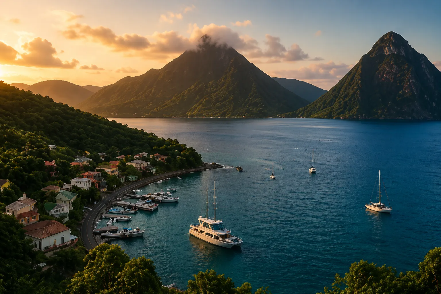 Sunset over a bay in Saint Lucia with the Pitons in the distance