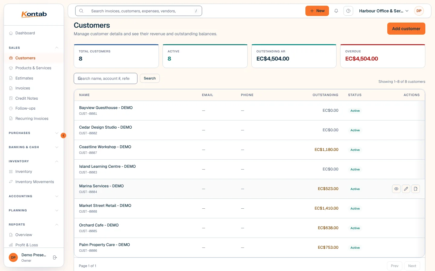 Kontab customer list showing balances and overdue amounts