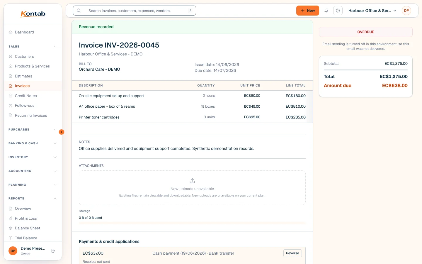 Kontab invoice with its payment history