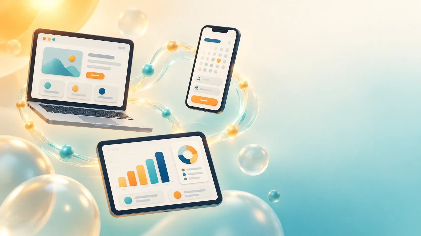 Illustration of a laptop, phone and tablet showing a website, a booking screen and a dashboard